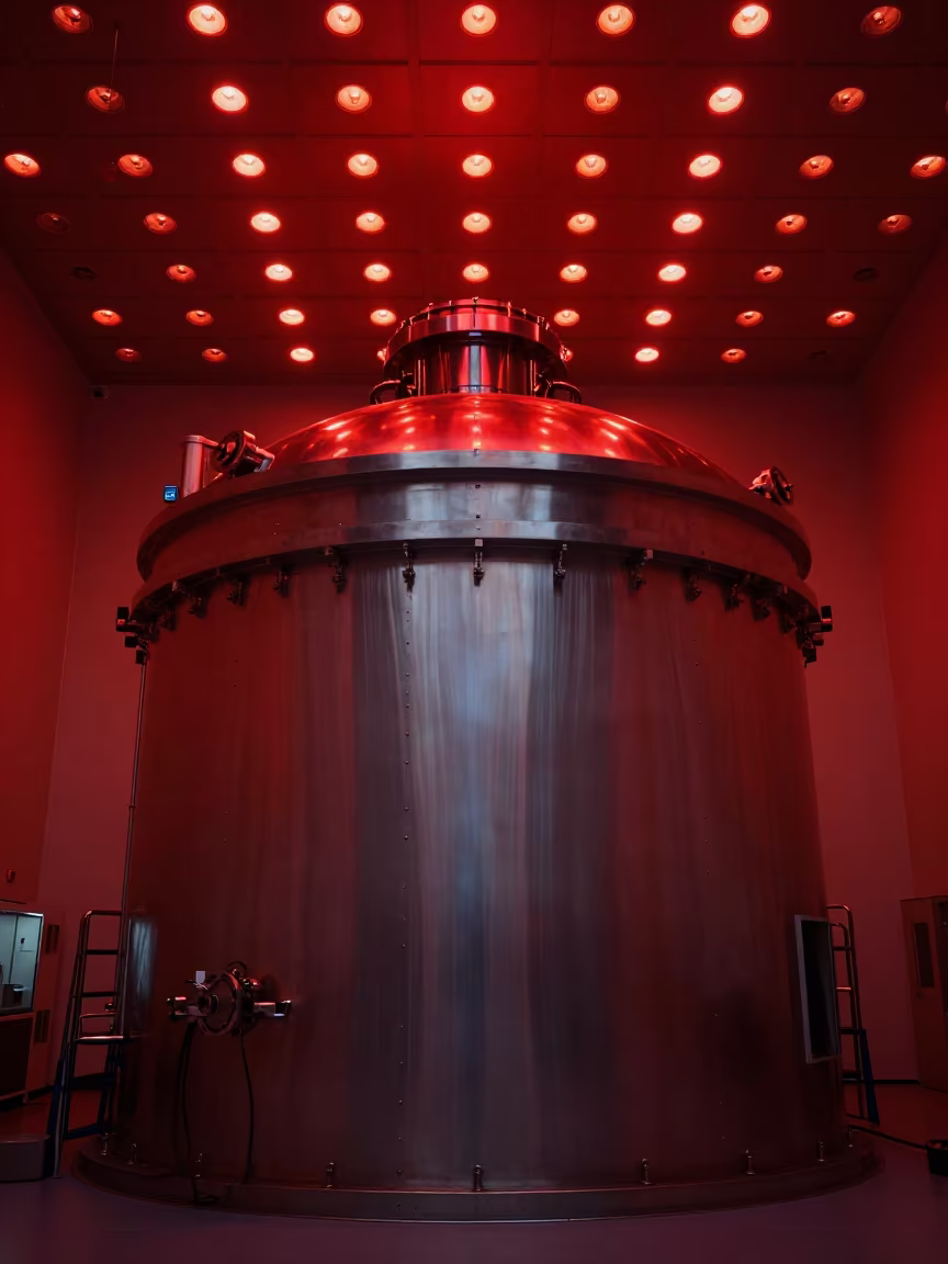 Red-Lit Vacuum Chamber in Nikko Lab in inside a clean room in Nikko
