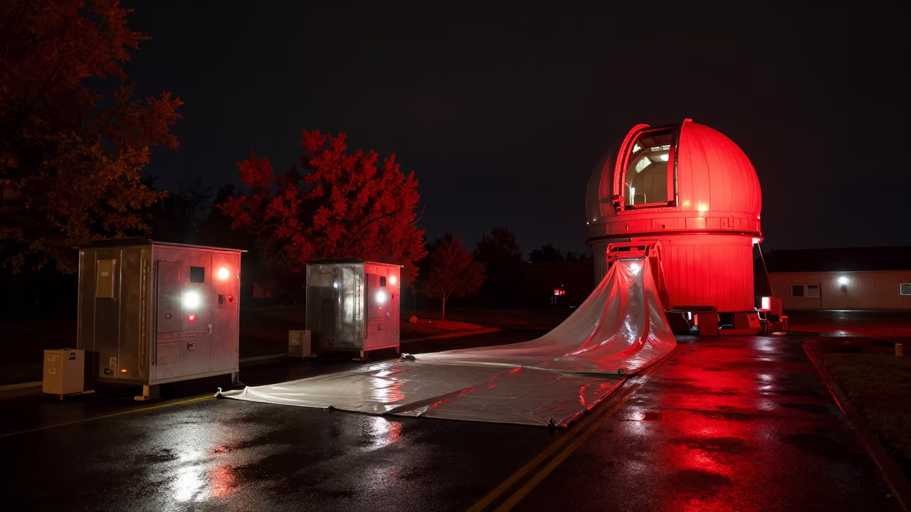 Red-Lit Weather Balloon Tarp on Wet Algerian Asphalt in near a weather balloon launch site in Algeria