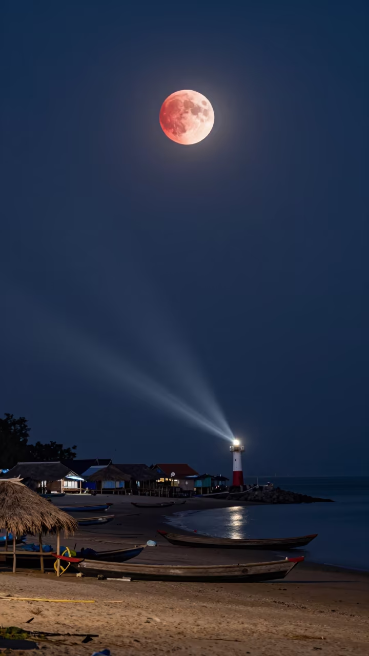 Red Lunar Eclipse Over Nagaland Fishing Village in from a moonlit breakwater in Nagaland