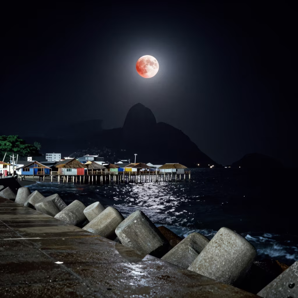 Red Lunar Eclipse Over Rio Fishing Village in from a moonlit breakwater in Rio de Janeiro state