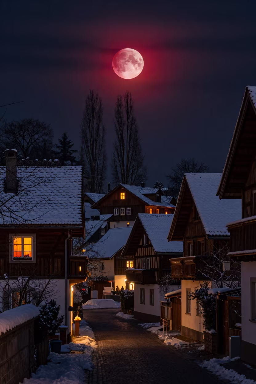 Red Lunar Eclipse Over Sleeping Swiss Village in near Basel