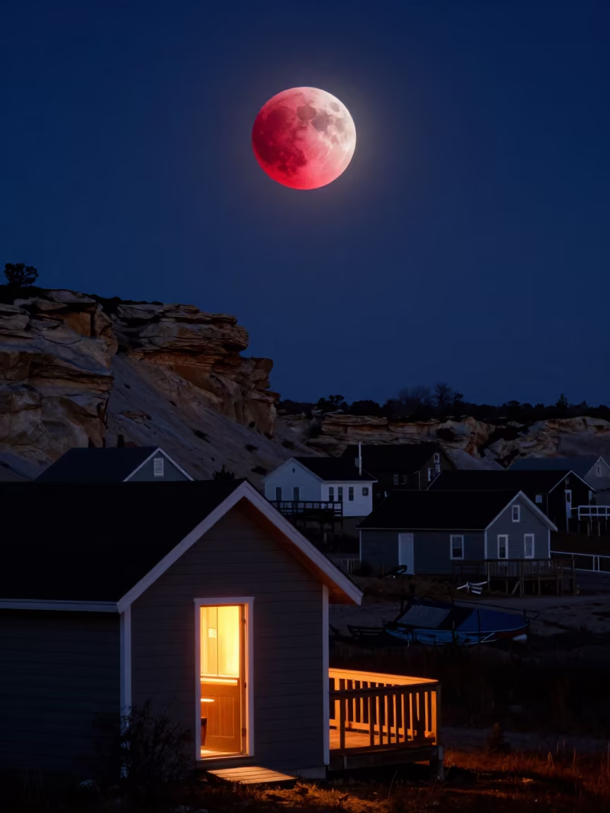 Red Lunar Eclipse Over Sleeping Village in beneath a wind-cut desert escarpment in North Carolina