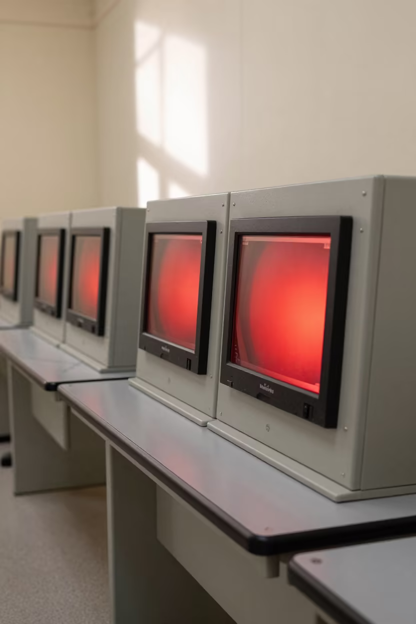 Red Monitors on Desert Bench in Amman Observatory in inside an observatory control room in Amman