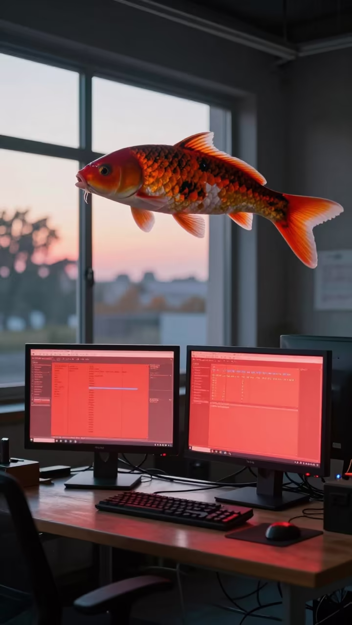 Red Monitors and Giant Koi at Dawn in at an engineering workbench in Sahiwal