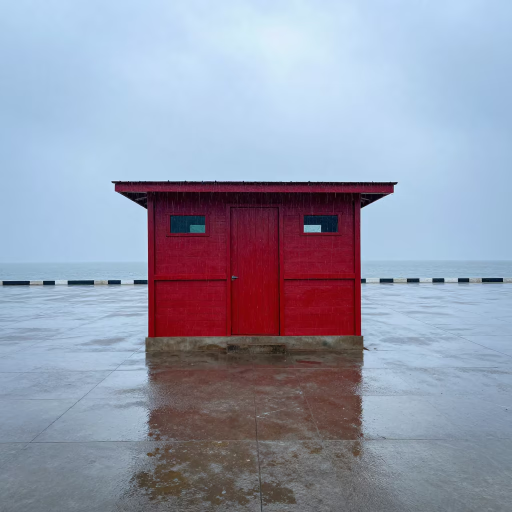 Red Norwegian Rorbu on Lagos Plaza at Dawn in across a formal civic plaza in Lagos