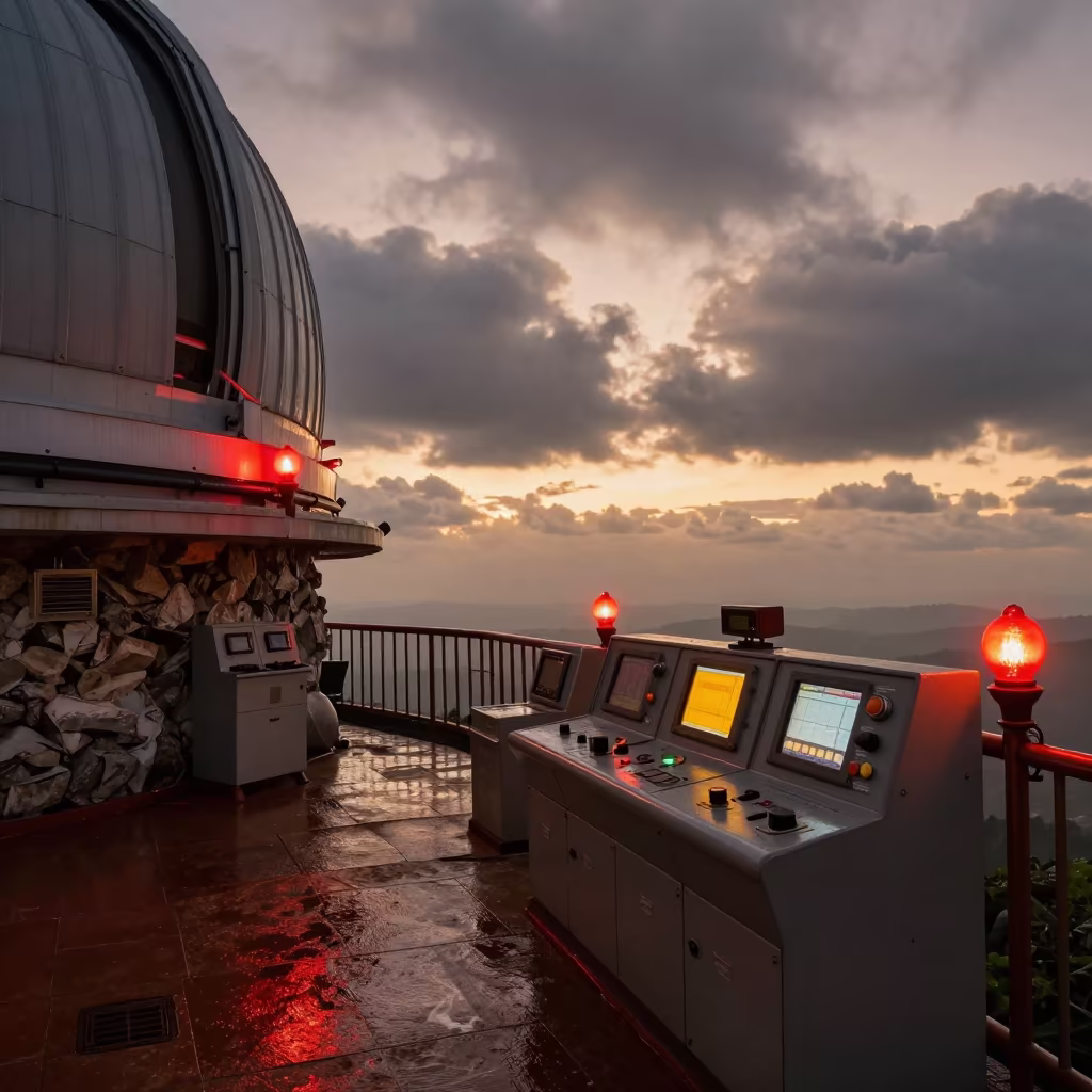Red Observatory Deck at Sunset in along a rocky geology outcrop in Myanmar