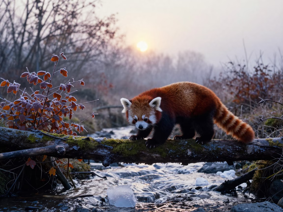 Red Panda on Branch Near Glacial Stream at Dawn in above a glacial stream near Chengdu