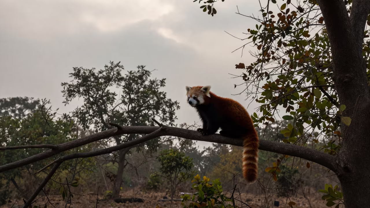 Red Panda on Branch in Gujarat Morning Shadow in in Gujarat
