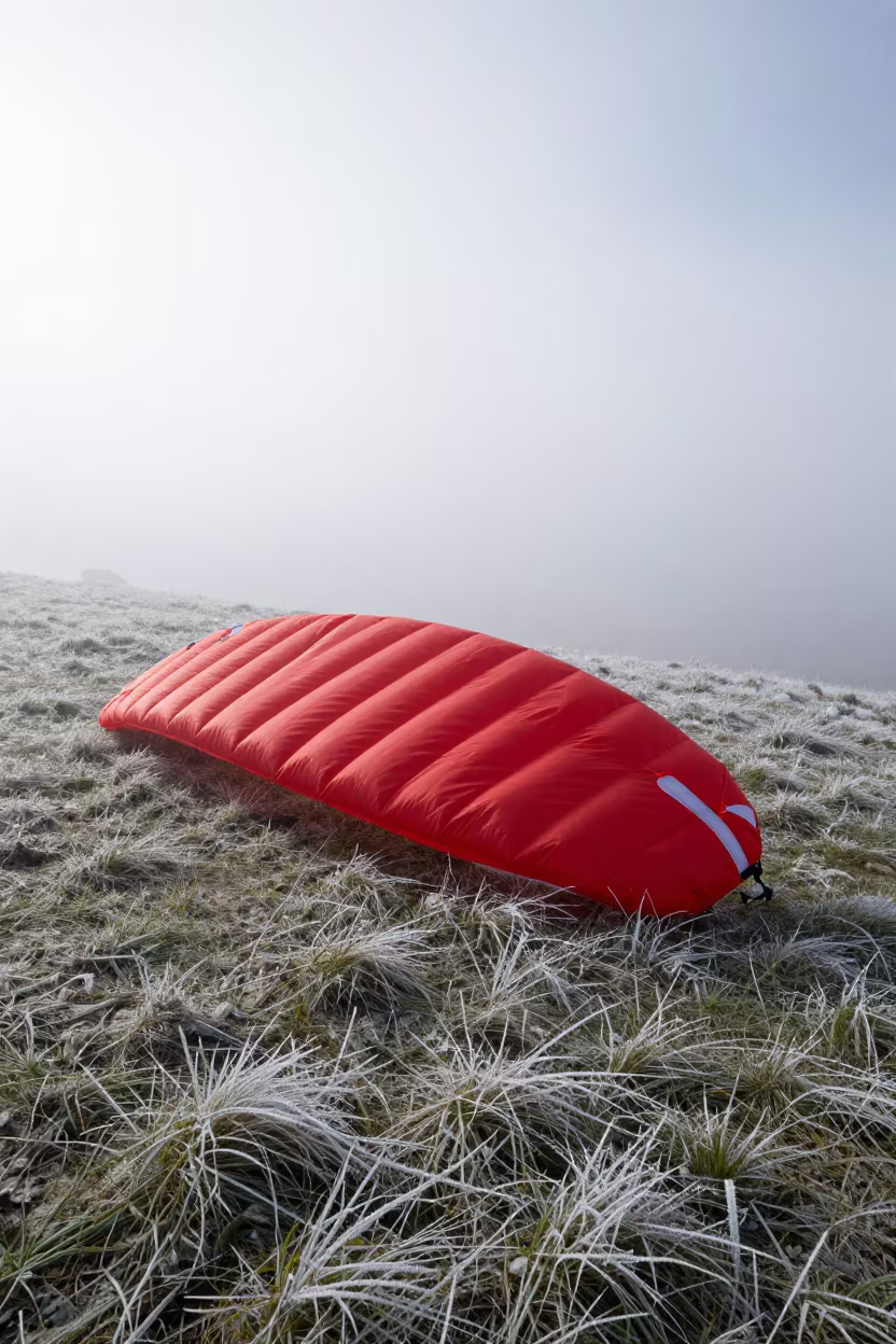 Red Paraglider Canopy in Winter Mist Bishkek in on a hillside near Bishkek