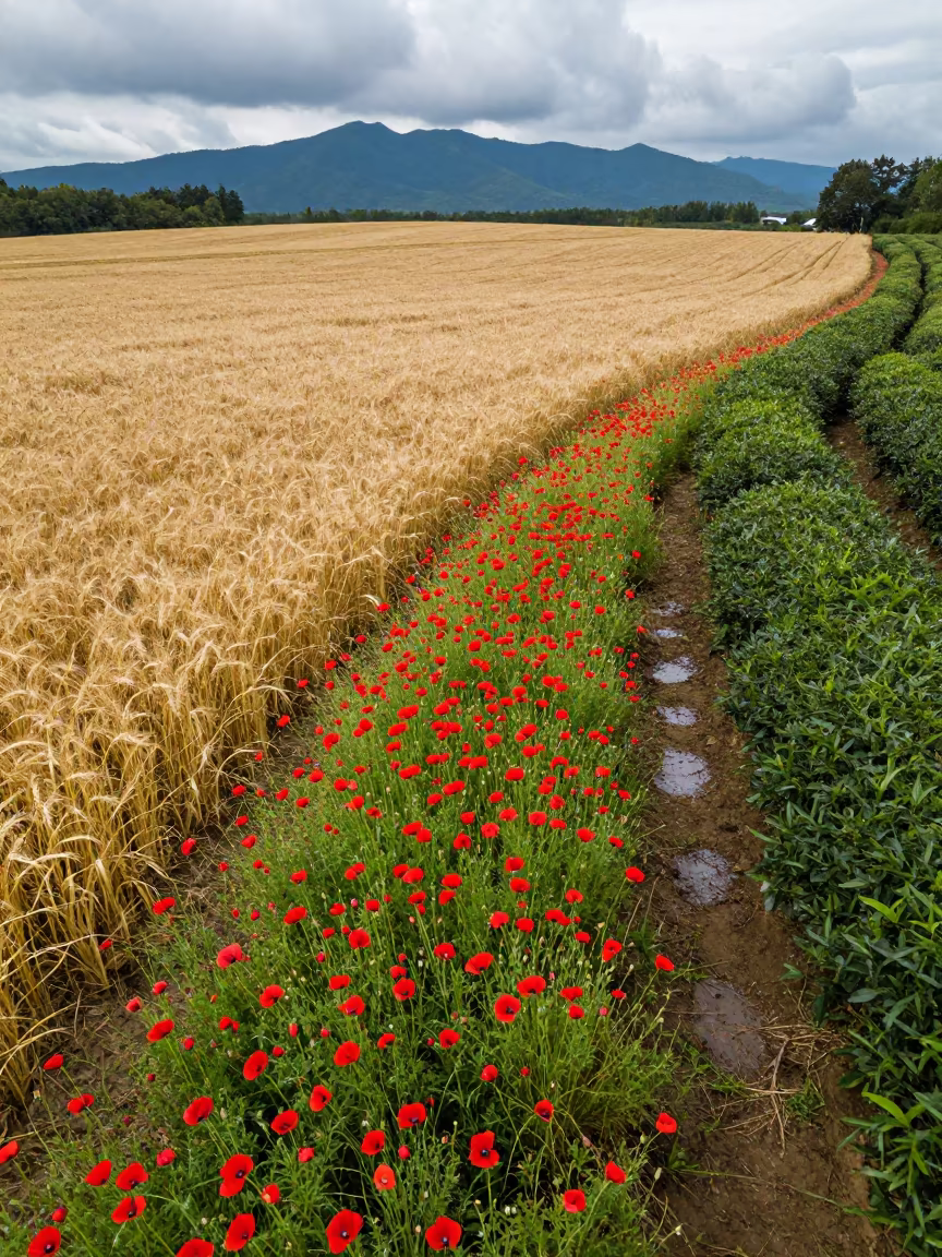 Red Poppies and Gold Wheat Vermont Fields in at the edge of a tea plantation in Vermont