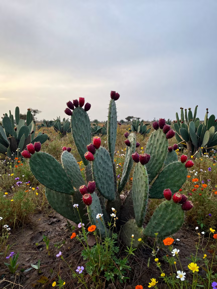 Red Prickly Pear Fruit in Egyptian Meadow in in a bloom-heavy meadow in Egypt