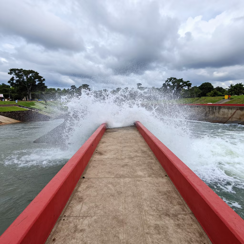 Red Railings Above Roaring Water Eswatini in above a spillway chute with spray rising in Eswatini