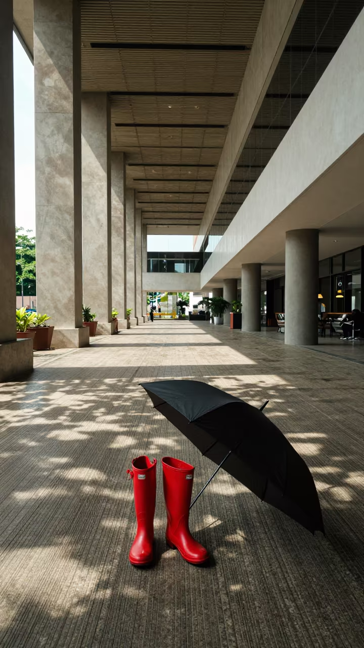 Red Rain Boots Umbrella Concrete Lobby Ikoyi Lagos in inside a ribbed concrete lobby in Ikoyi, Lagos