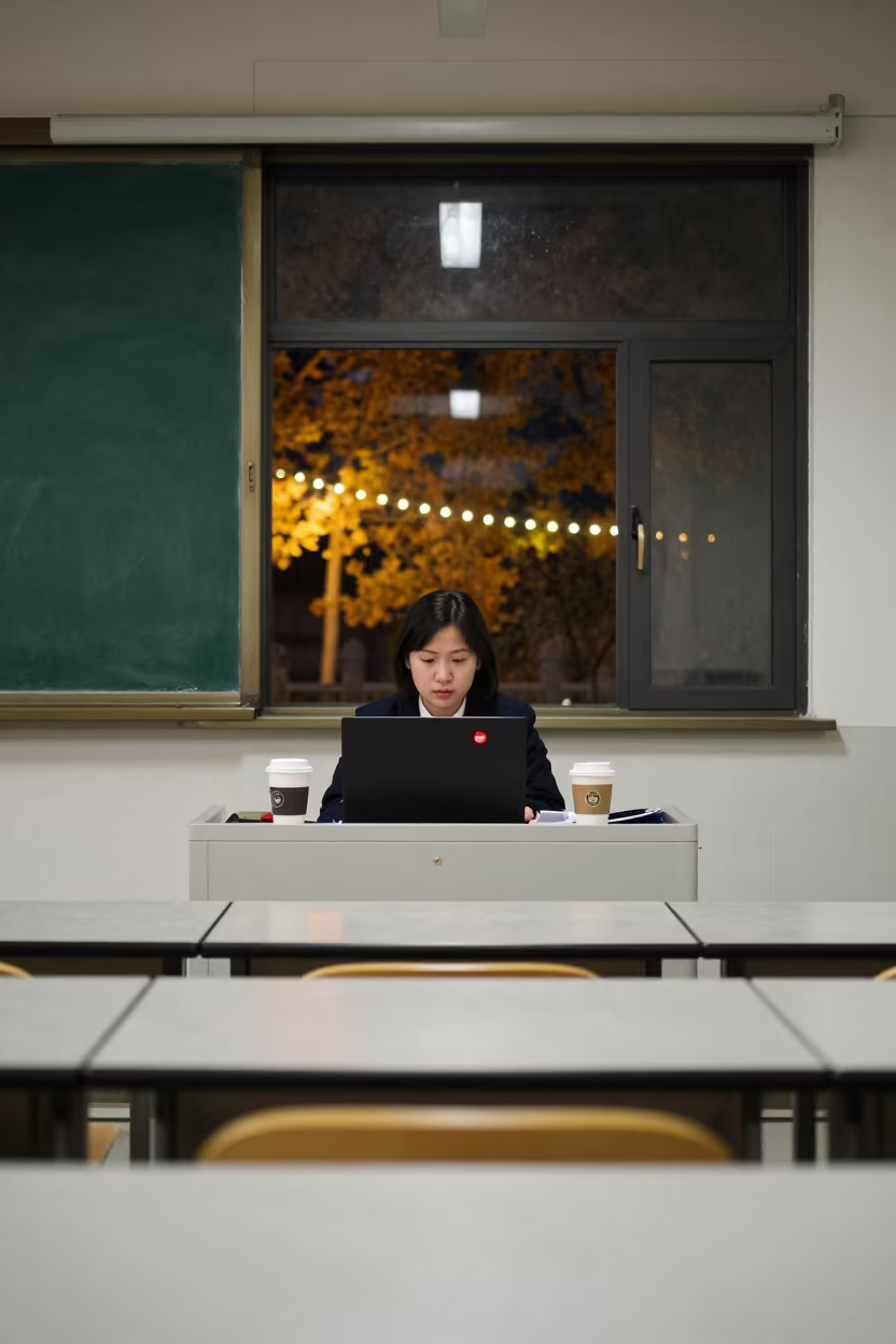 Red Recorder Light Between Coffee Cups in inside a quiet classroom in Jinan
