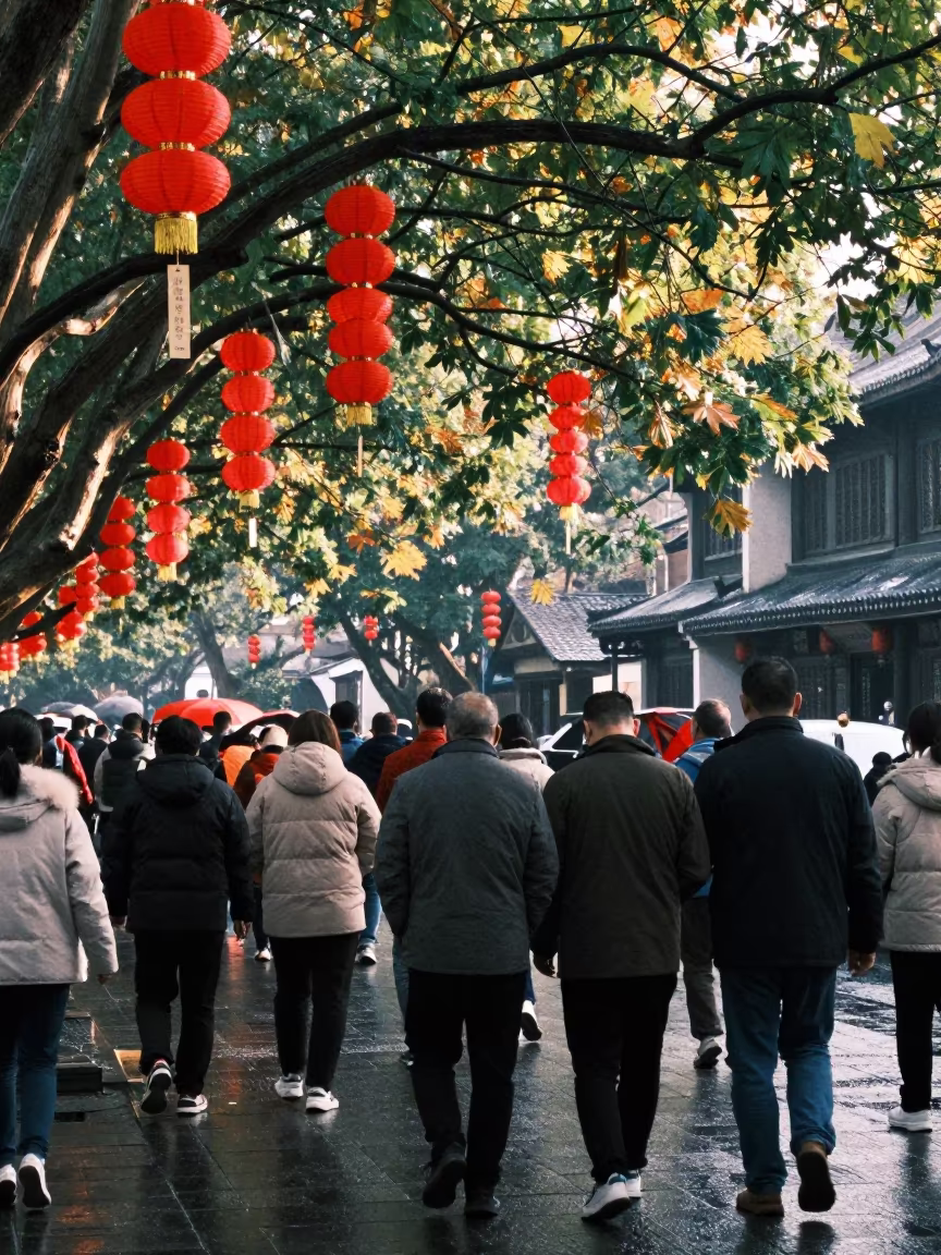 Red Riddle Lanterns Hang on Tree in Hangzhou in at a festival street procession in Hangzhou