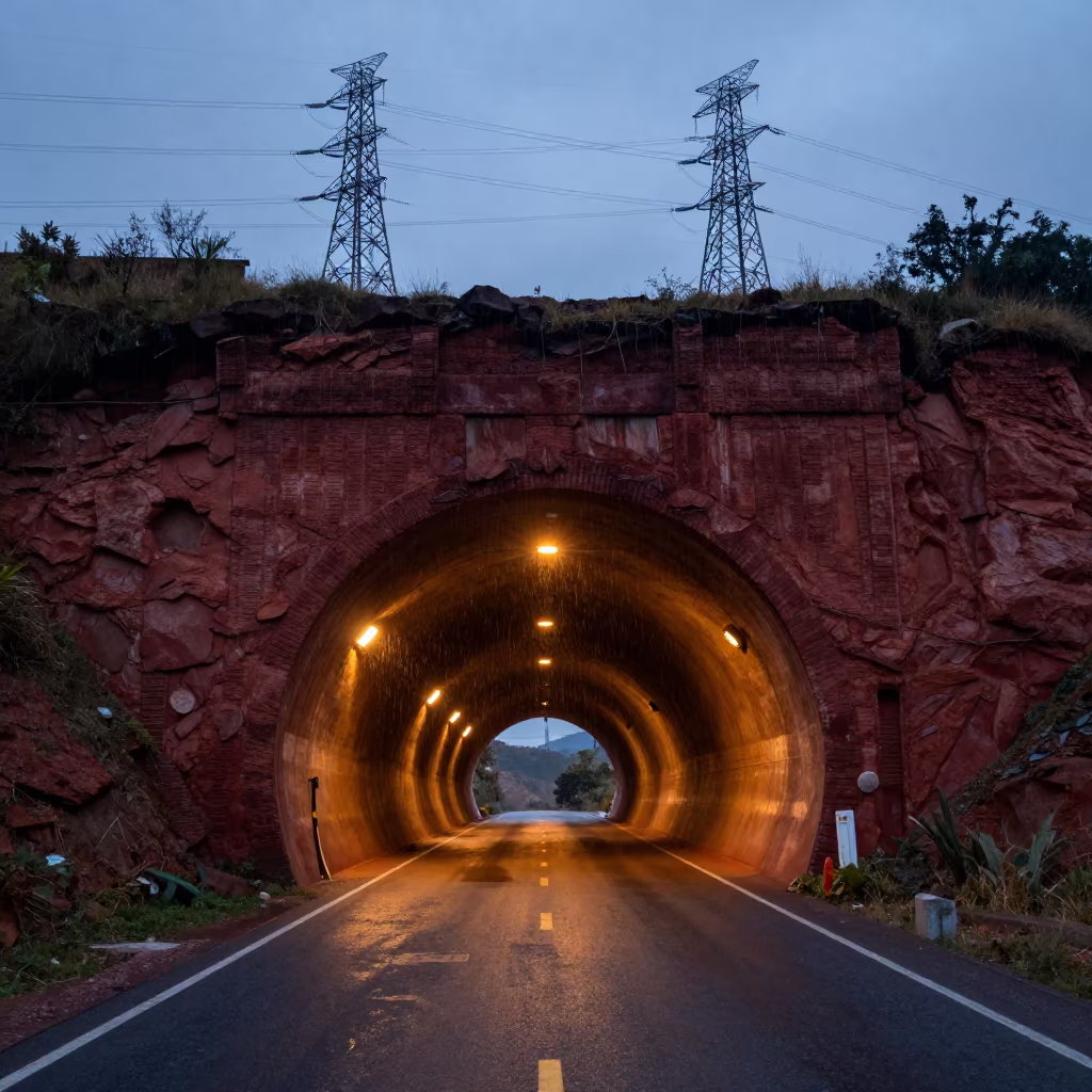 Red Rock Tunnel Portal Blue Evening Rain in beneath transmission towers in Pereira
