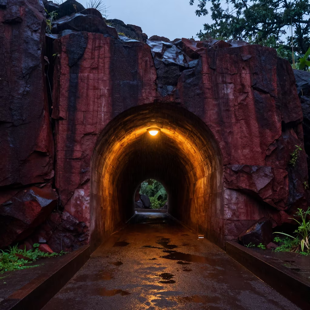 Red Rock Tunnel Portal at Dusk with Amber Lamps in along a dam spillway in Victoria Seychelles