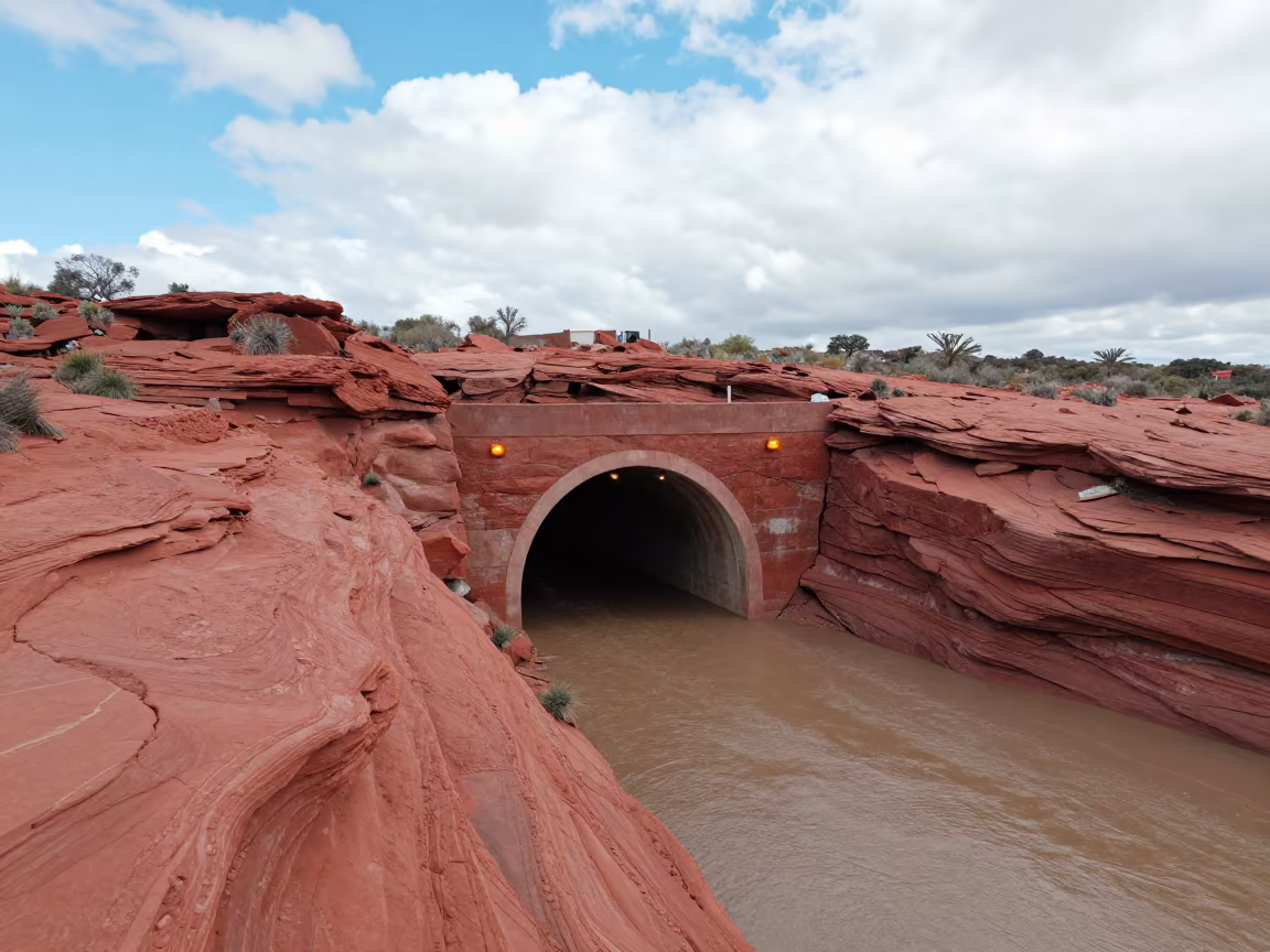 Red Rock Tunnel Portal Along Victoria Levee in along a levee path above floodwater in Victoria