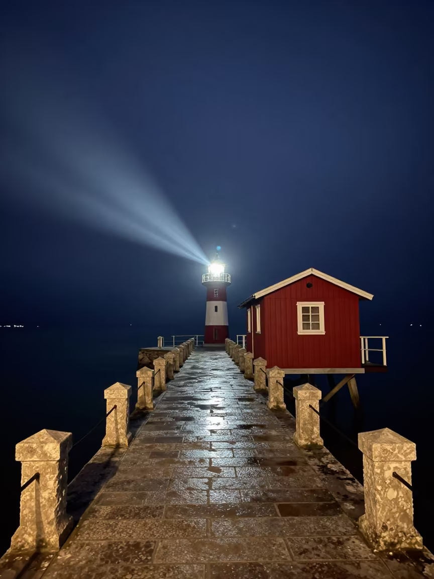 Red Rorbu Cabin on Bosnian Pier at Night in along a colonnaded facade in Bosnia and Herzegovina