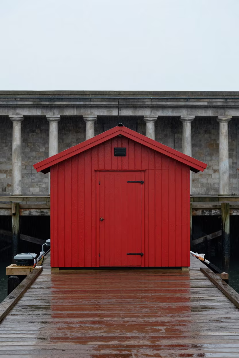 Red Rorbu Cabin on Colonnaded Ranchi Pier in along a colonnaded facade near Ranchi