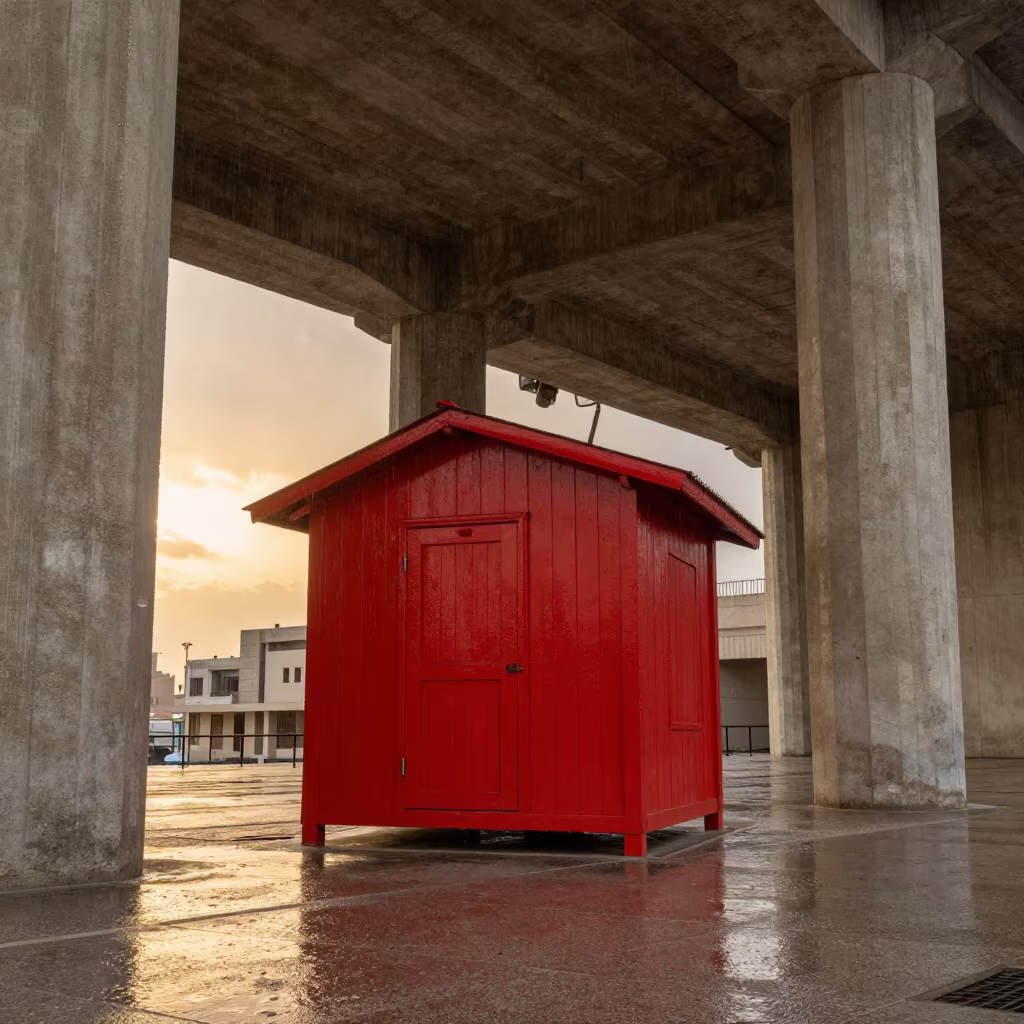Red Rorbu Cabin Inside Concrete Lobby Jeddah in inside a ribbed concrete lobby in Jeddah