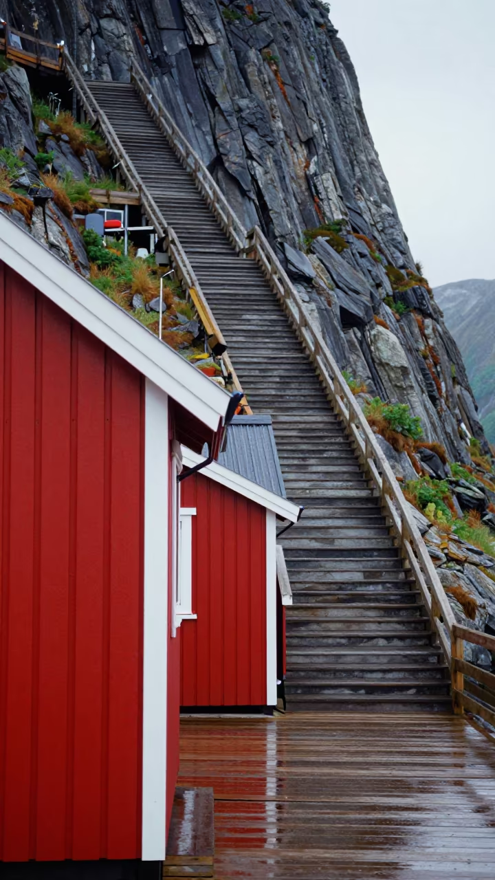 Red Rorbu Cabin on Norwegian Pier After Rain in at the base of a monumental staircase near Thies