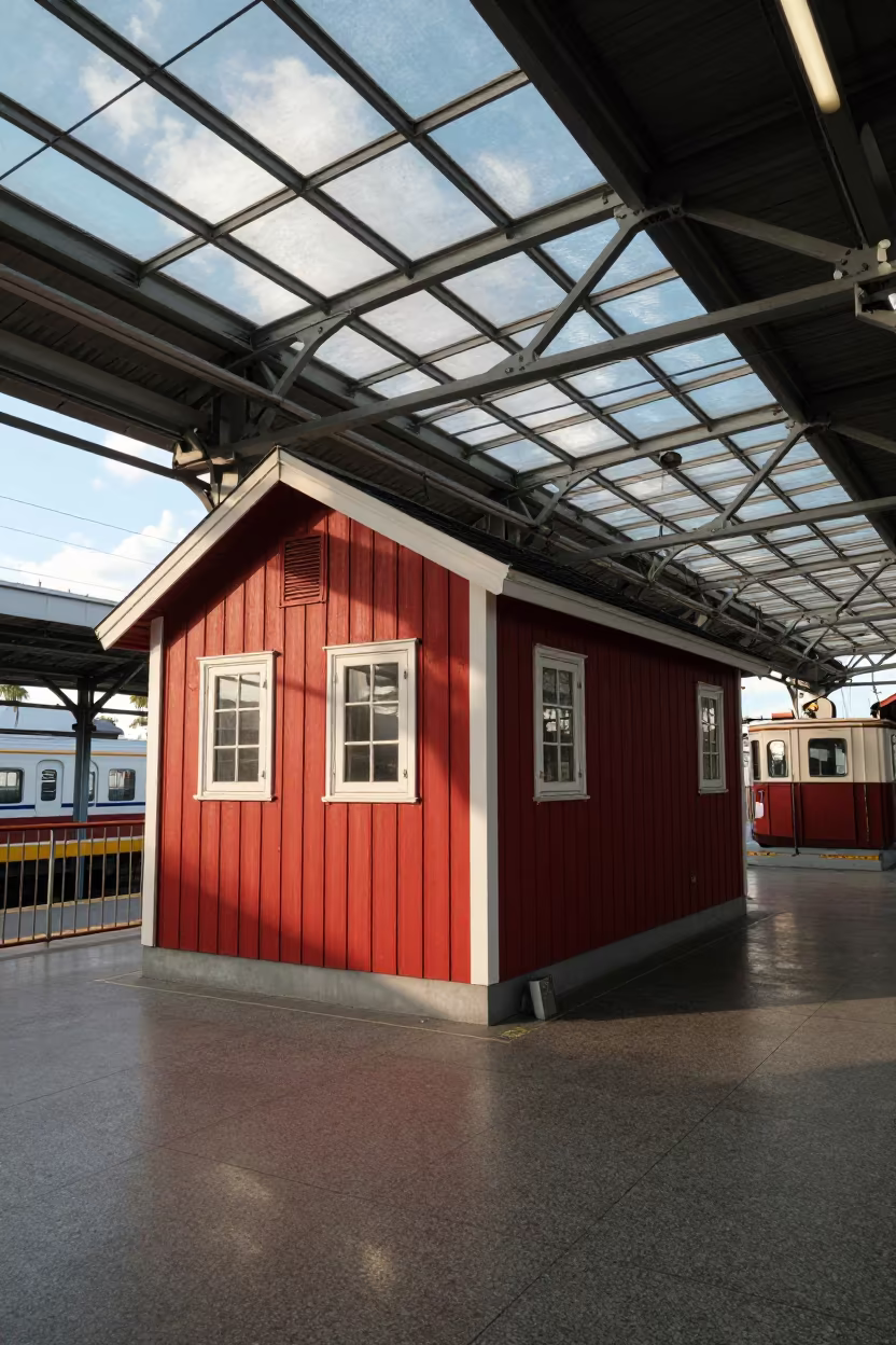 Red Rorbu Cabin in Osaka Train Terminal in inside a restored train terminal in Osaka