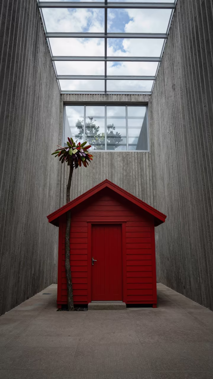 Red Rorbu Fisherman's Cabin in Concrete Lobby in inside a ribbed concrete lobby near Napier