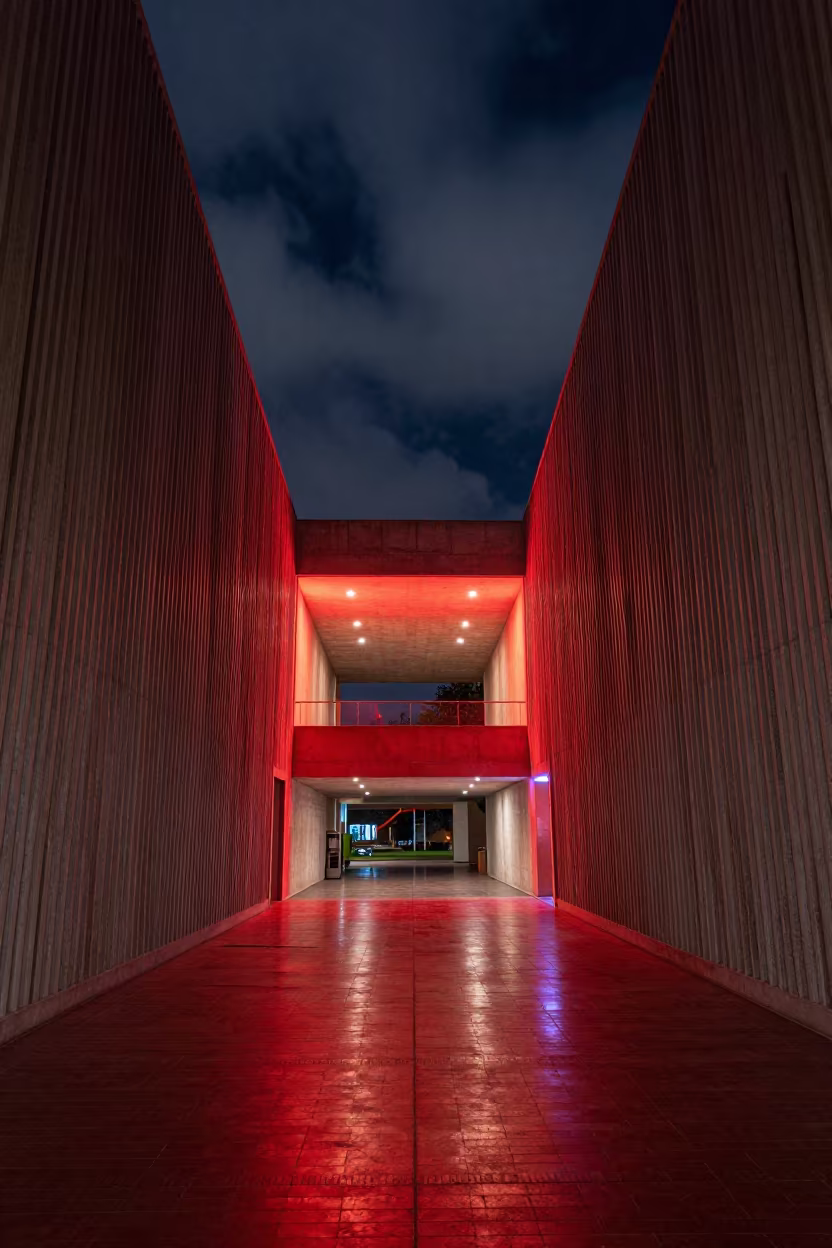 Red Rorbu Lobby Neon Night Fjord Architecture in inside a ribbed concrete lobby in Puente Alto
