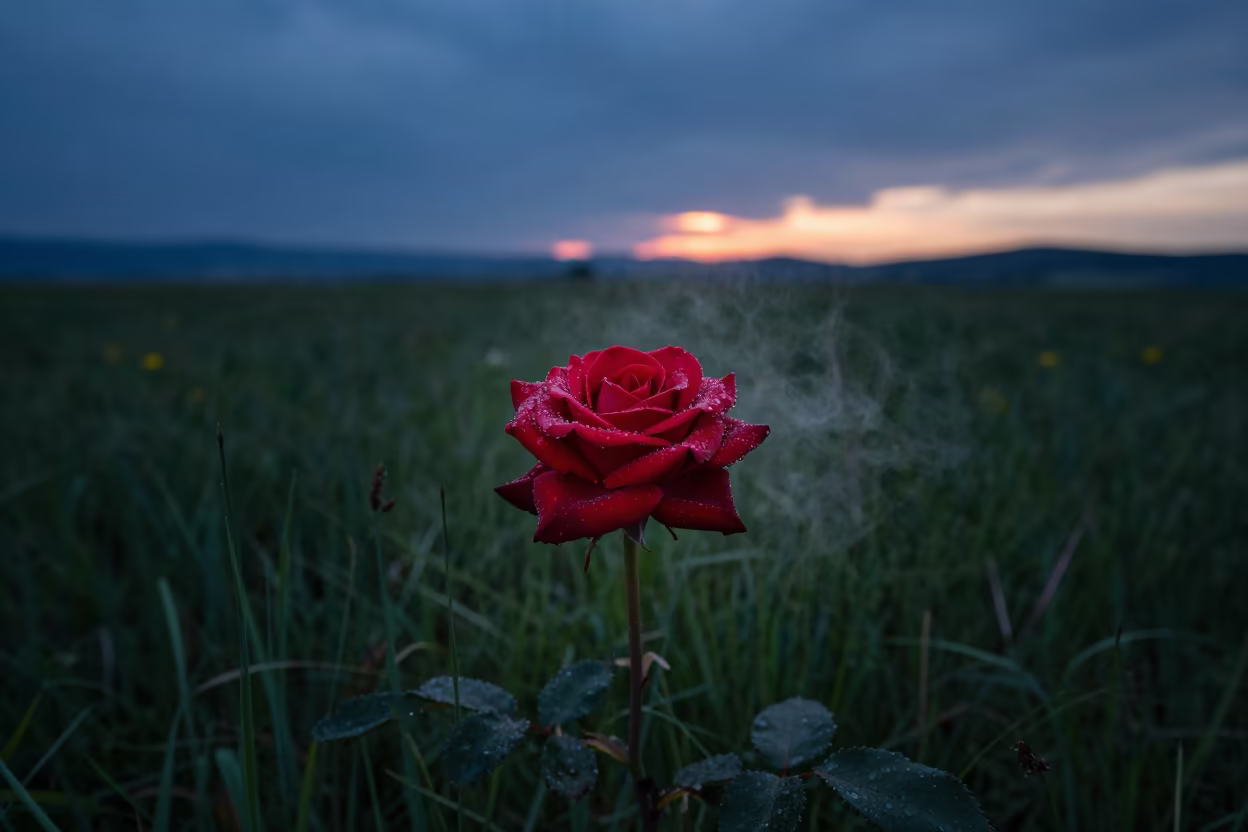 Red Rose with Dew in Bosnian Meadow Twilight in in a bloom-heavy meadow in Bosnia and Herzegovina