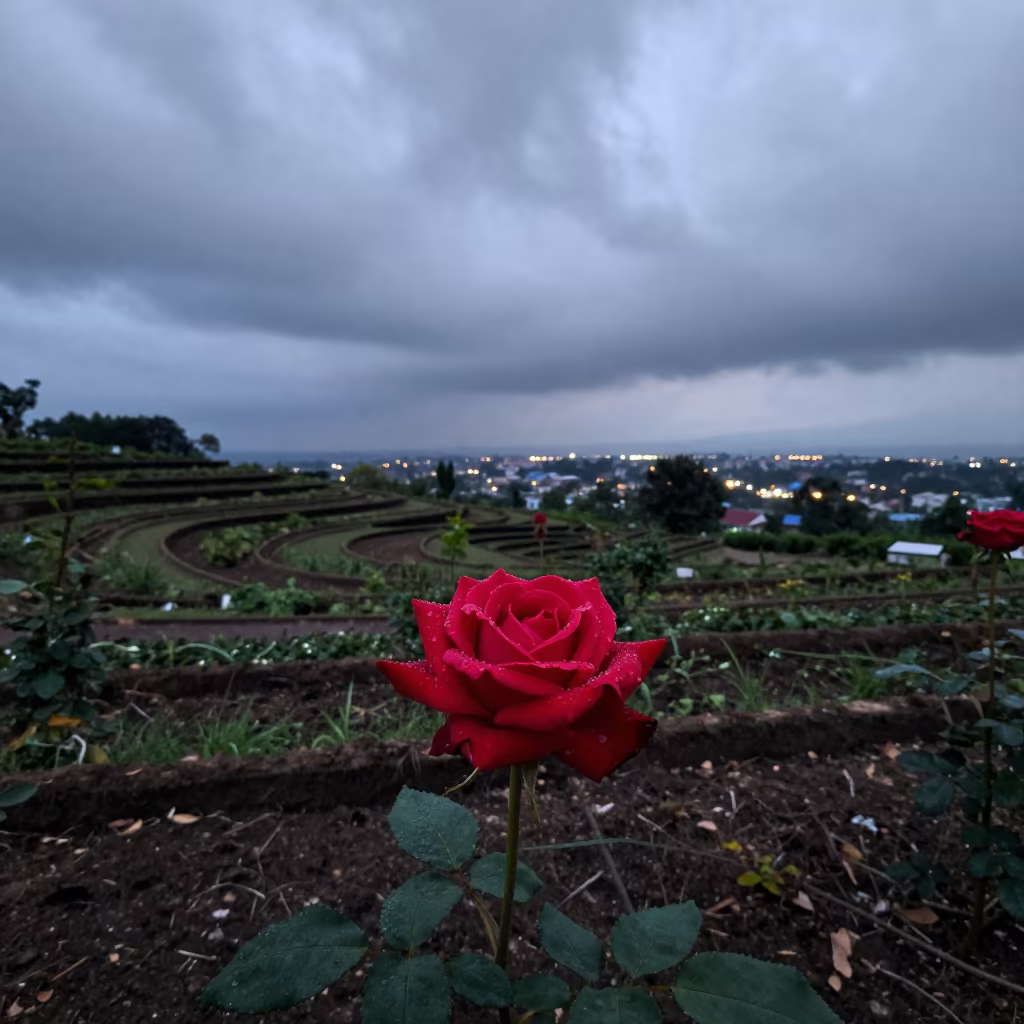 Red Rose with Dew Drops in Monsoon Garden in among terraced garden plots near Tongi
