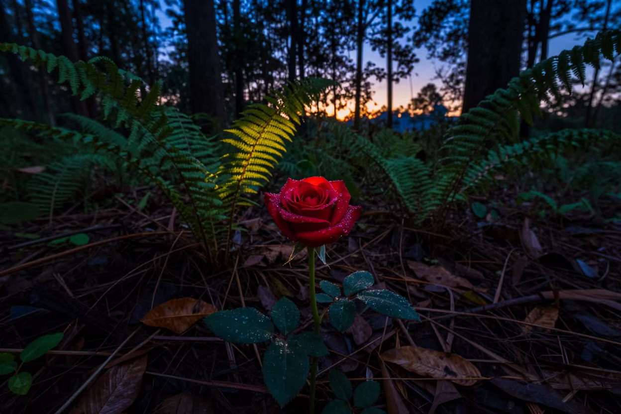 Red Rose with Dew Drops on Forest Floor Twilight in on a fern-lined forest floor near Bujumbura