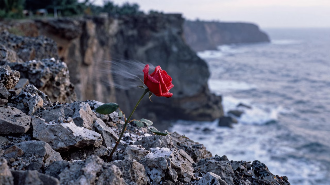 Red Rose with Dew on Windy Cliff Edge in along a salt-sprayed cliff edge near Yogyakarta