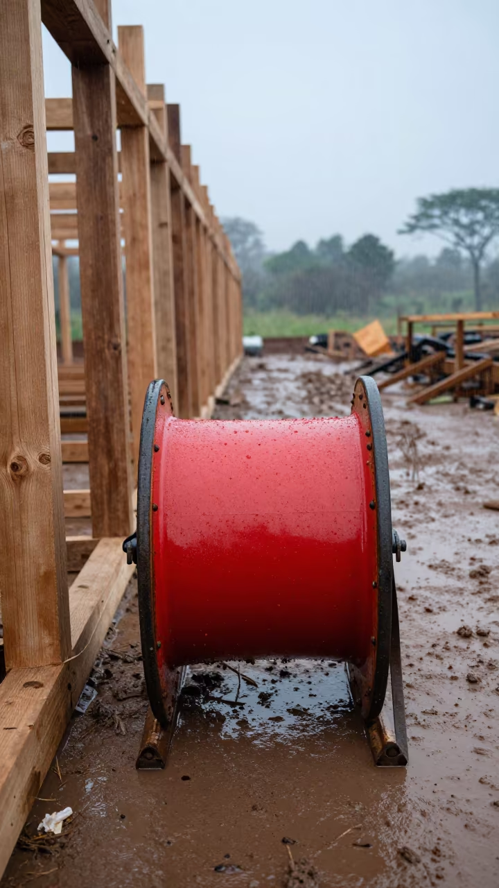 Red Safety Reel on Kenyan Construction Site in beside a framed building shell in Kenya