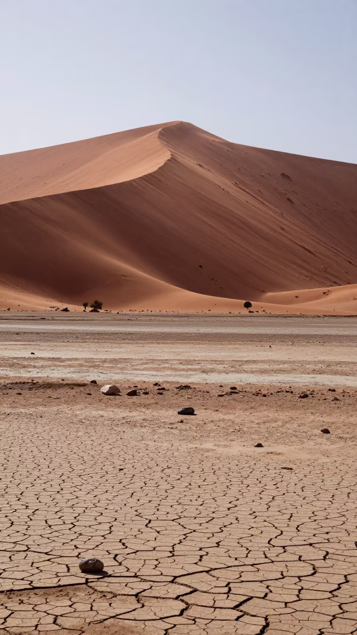 Red Sand Dune Over Dry Riverbed at Midday in near Marrakesh