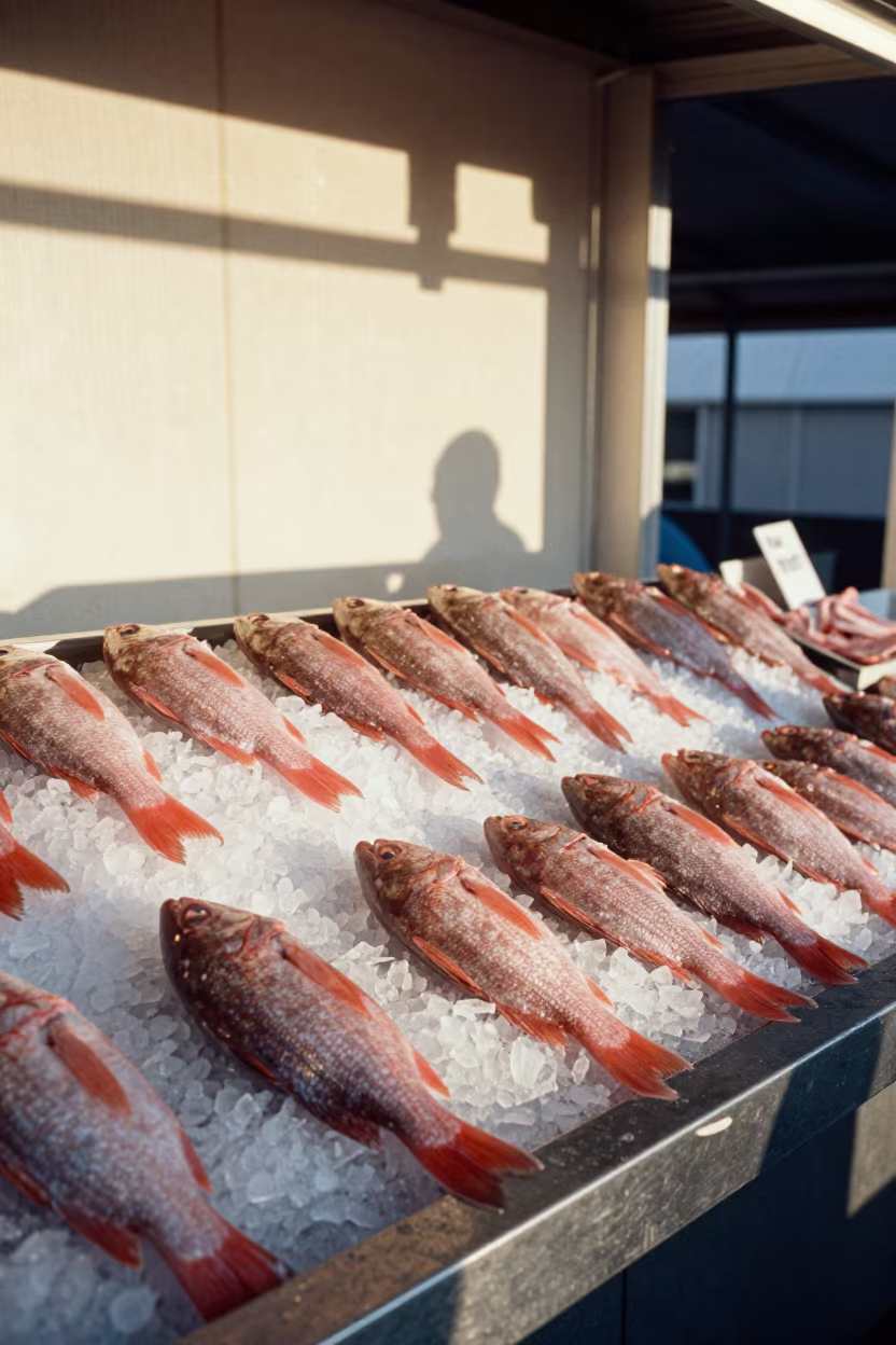 Red Snapper on Ice at Midnight Sun Market in at a market stall counter near Kiruna