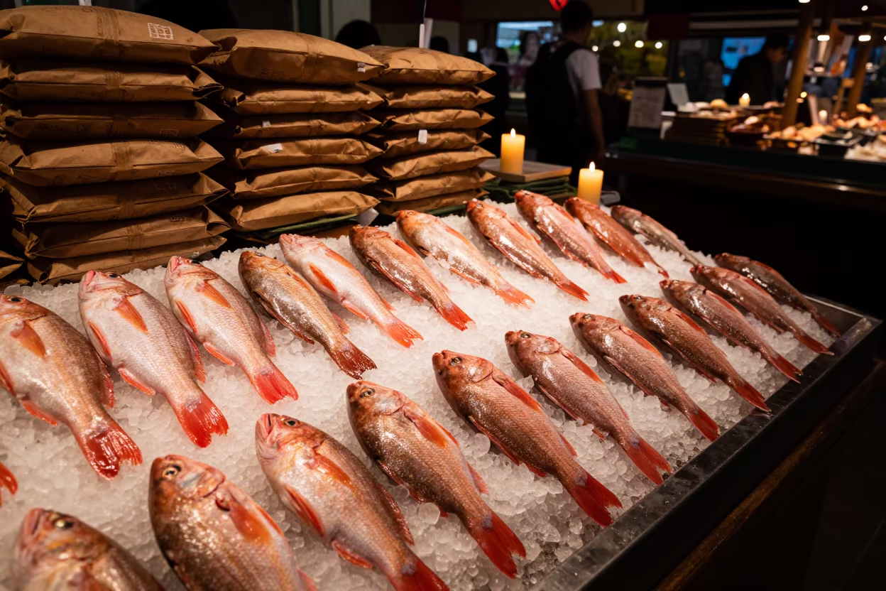 Red Snapper on Ice in Vancouver Market in on a grocer's counter with stacked paper sacks in Vancouver
