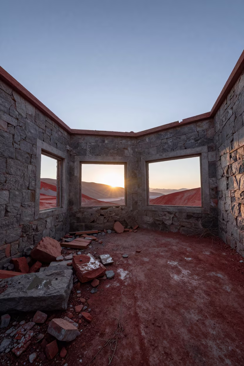 Red Spoil Ridge Over Bolivia Quarry Ruin at Dawn in inside a roofless nave in Bolivia