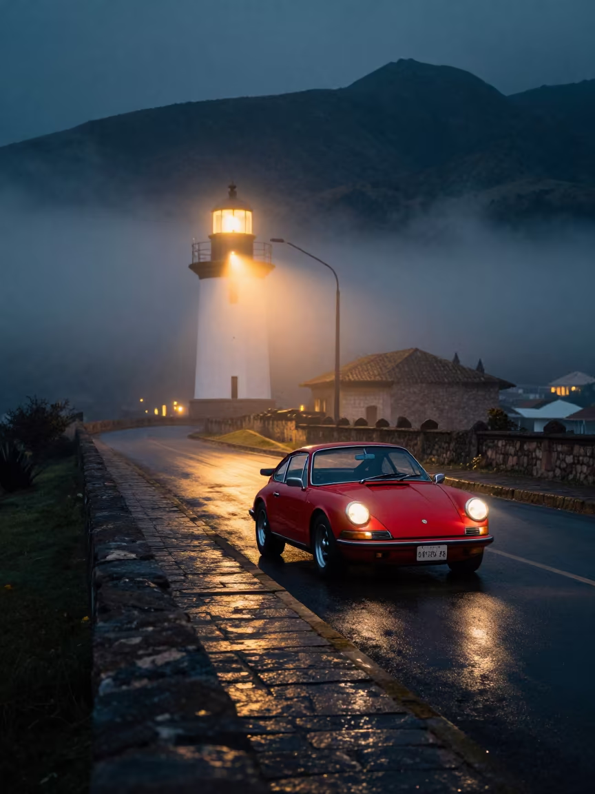Red Sports Car on Misty Andean Causeway at Night in on a wind-open causeway near San Cristobal, Cusco