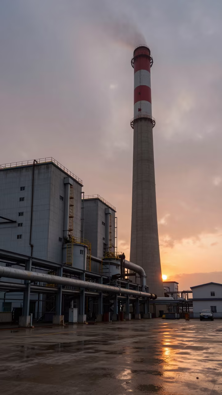 Red Sunset Glow on Industrial Smokestack Winter in in a turbine hall near Xiamen