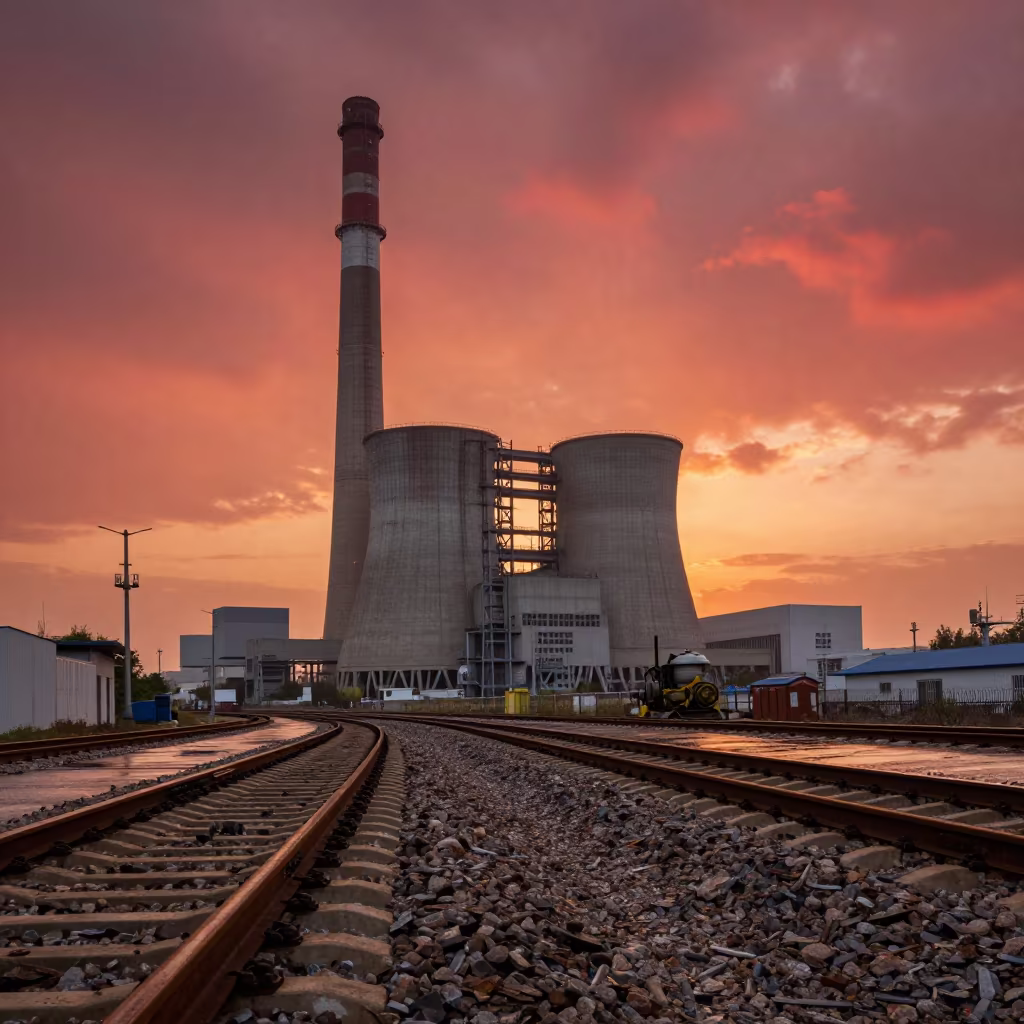 Red Sunset Over Nanchang Power Plant Smokestack in at a rail yard near Nanchang