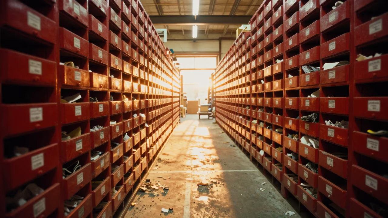 Red Tag Drawer in Doctores Warehouse in inside a distribution center pick aisle in Doctores, Mexico City