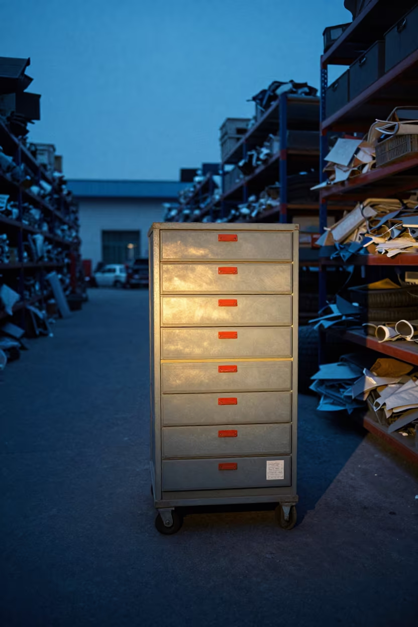 Red Tag Drawer Scrap Tire Dust Guangzhou Warehouse in along inventory racks under cool warehouse light in Liwan, Guangzhou