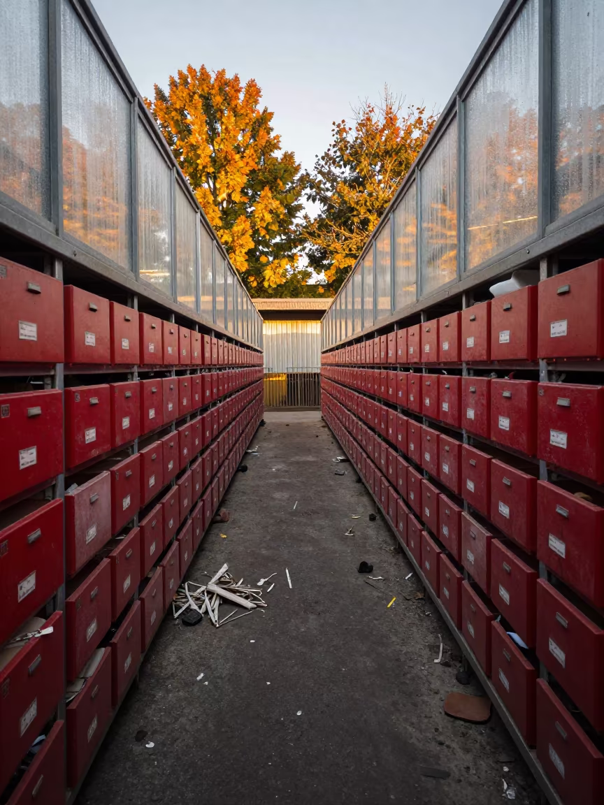 Red Tag Drawer with Scraps in Golden Hour Warehouse in inside a warehouse aisle in Southend-on-Sea