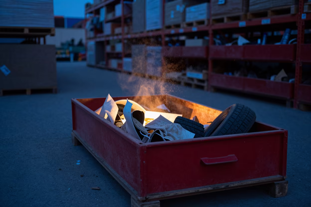 Red Tag Drawer with Scraps in Predawn Warehouse in along inventory racks under cool warehouse light in Antalya