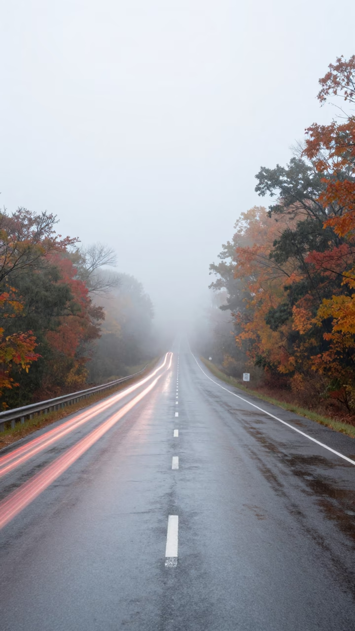 Red Tail Light Trails Through Missouri Fog in through low marine fog in Missouri
