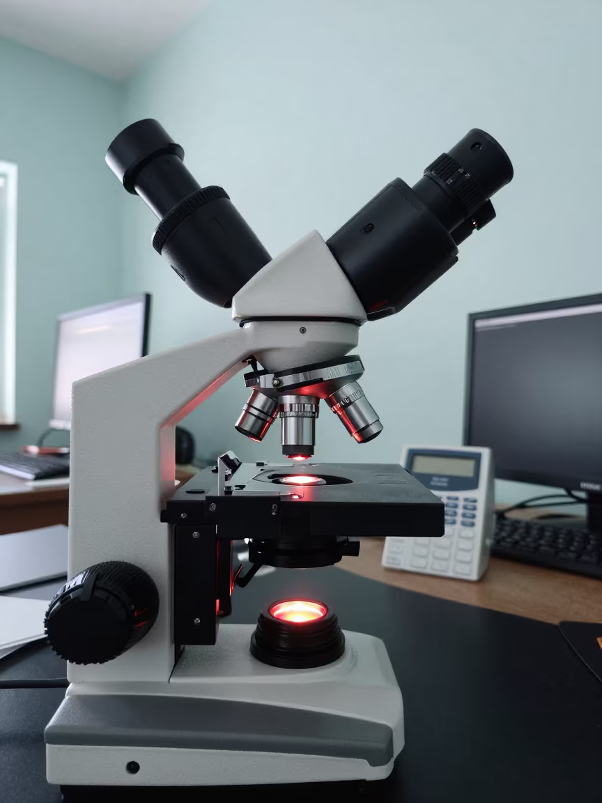 Red Task Lights Glow on Microscope in Kitale Lab in at a microscopy bench in Kitale