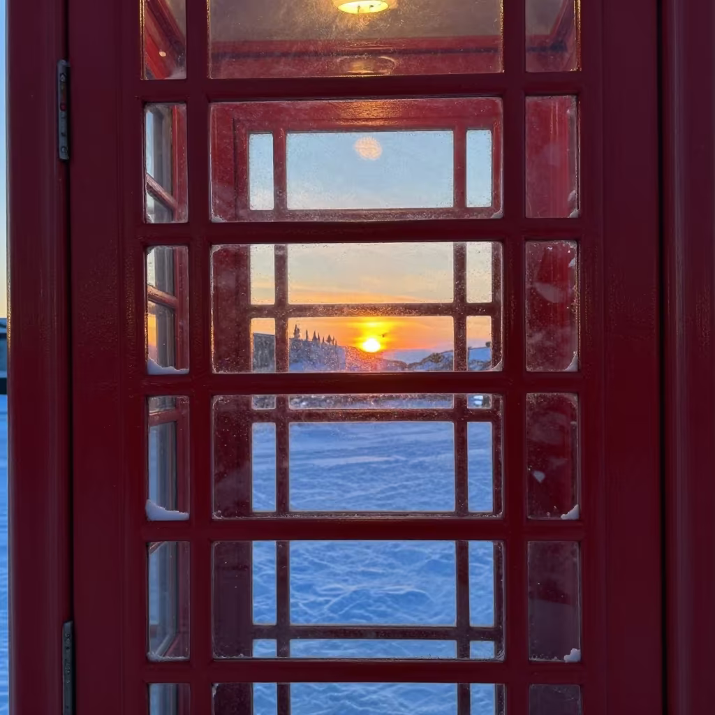 Red Telephone Box in Winter Sunset Glow in near Murmansk