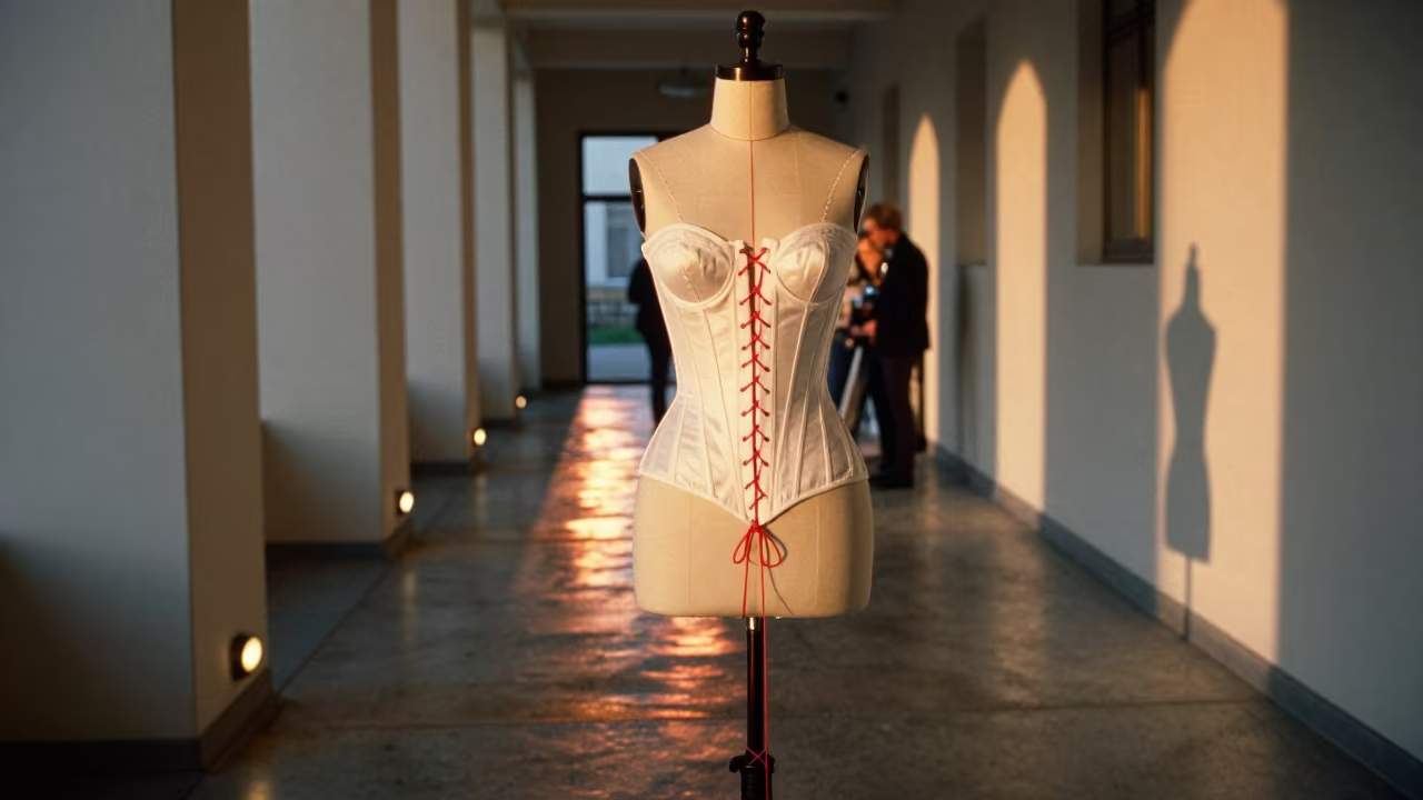 Red Threaded Corset Toile Backstage Szczecin in in a backstage changing corridor in Szczecin