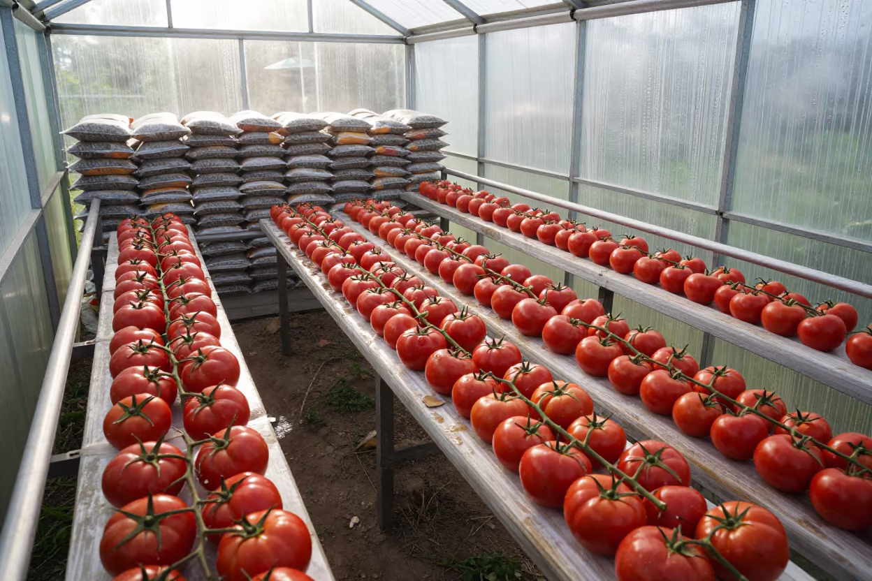 Red Tomatoes in Greenhouse Morning Light in inside a machine shed with seed bags stacked high near Veraval